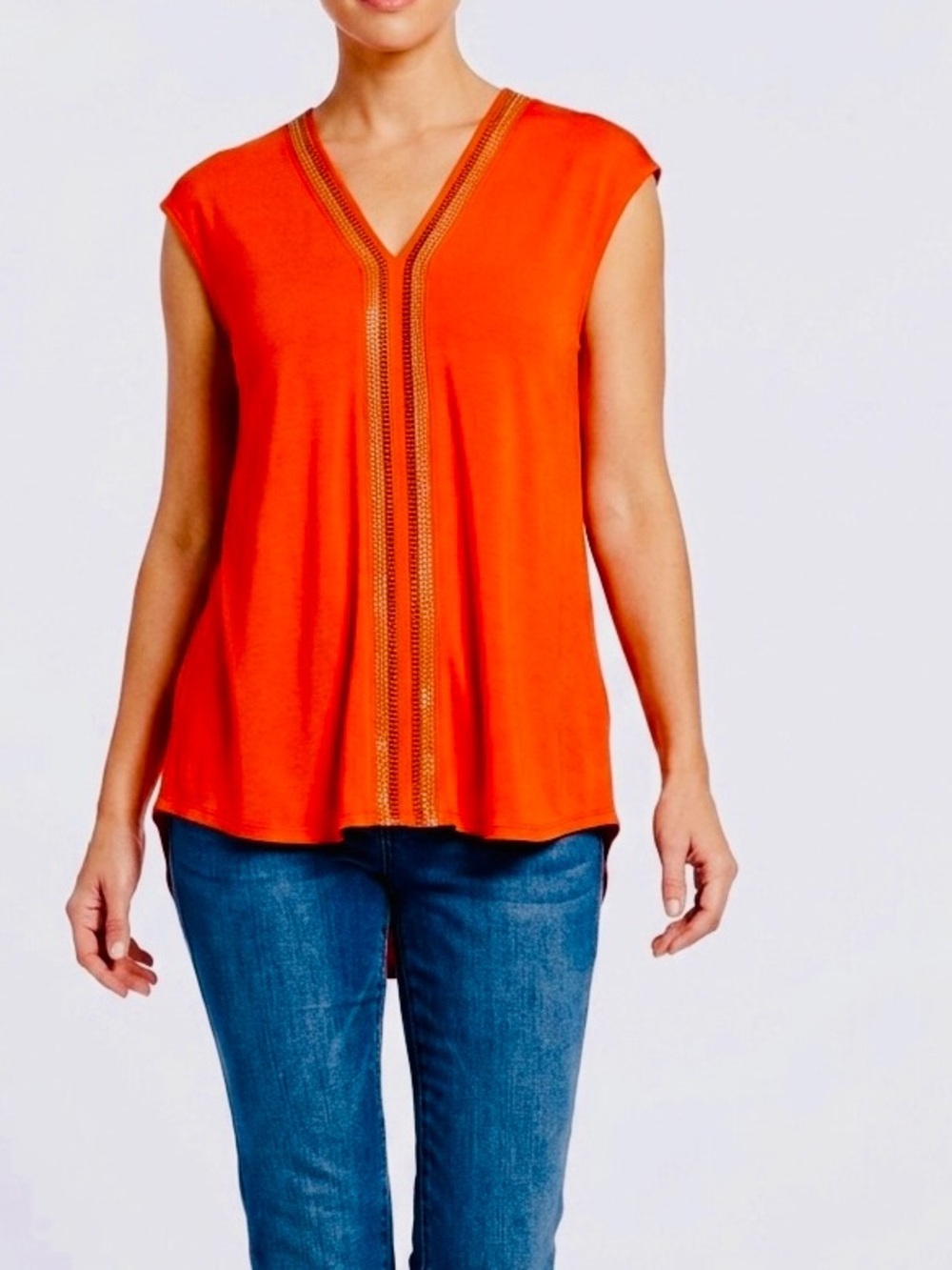PETER NYGARD Orange Sleeveless Tunic Top w Silver Embellishments